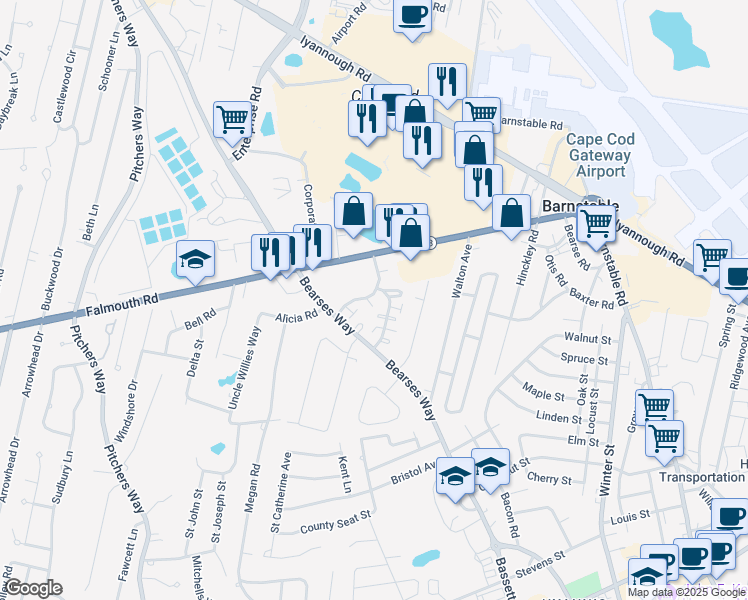 map of restaurants, bars, coffee shops, grocery stores, and more near 22 Hiramar Road in Barnstable