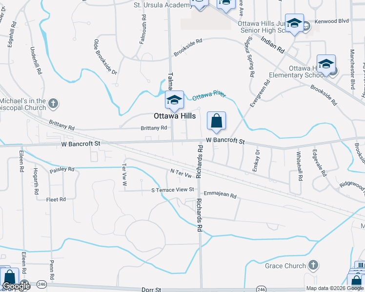 map of restaurants, bars, coffee shops, grocery stores, and more near 2204 Talmadge Road in Toledo