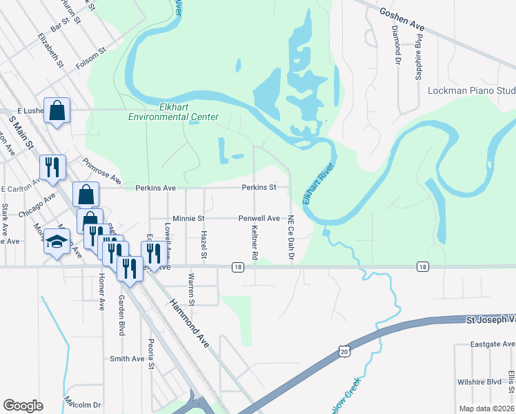 map of restaurants, bars, coffee shops, grocery stores, and more near 24580 Perkins Street in Elkhart