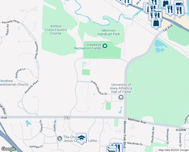 map of restaurants, bars, coffee shops, grocery stores, and more near 2820 Prairie Meadow Drive in Iowa City