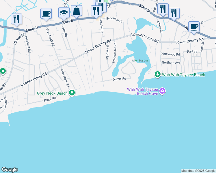 map of restaurants, bars, coffee shops, grocery stores, and more near 11 Dunes Road in Harwich
