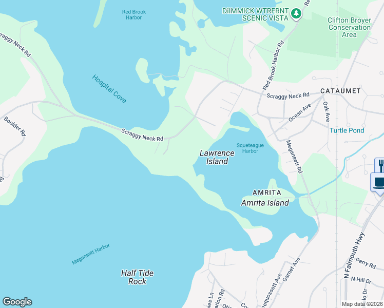 map of restaurants, bars, coffee shops, grocery stores, and more near 243 Scraggy Neck Road in Bourne