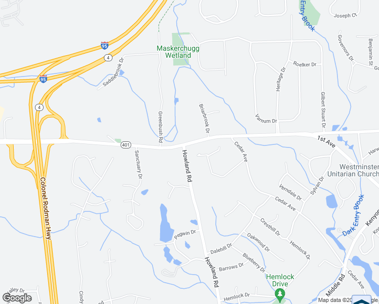 map of restaurants, bars, coffee shops, grocery stores, and more near 80 Howland Road in East Greenwich