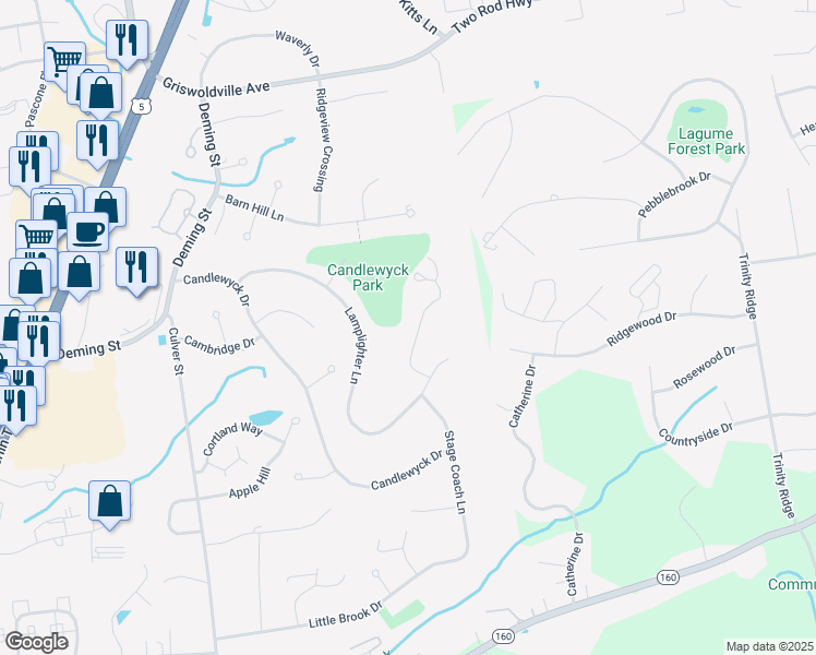 map of restaurants, bars, coffee shops, grocery stores, and more near 25 High Gate Road in Newington