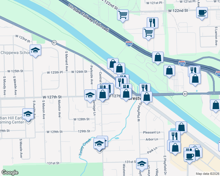 map of restaurants, bars, coffee shops, grocery stores, and more near 12615 Central Avenue in Alsip