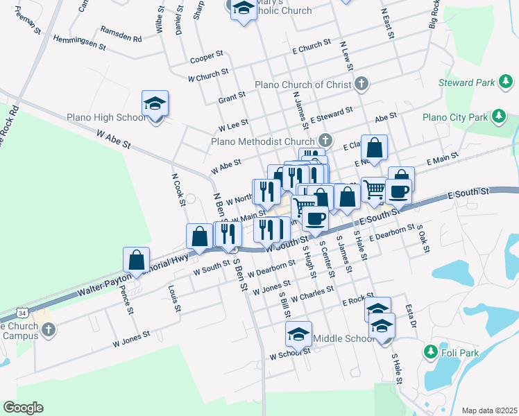 map of restaurants, bars, coffee shops, grocery stores, and more near 220 North Bill Street in Plano