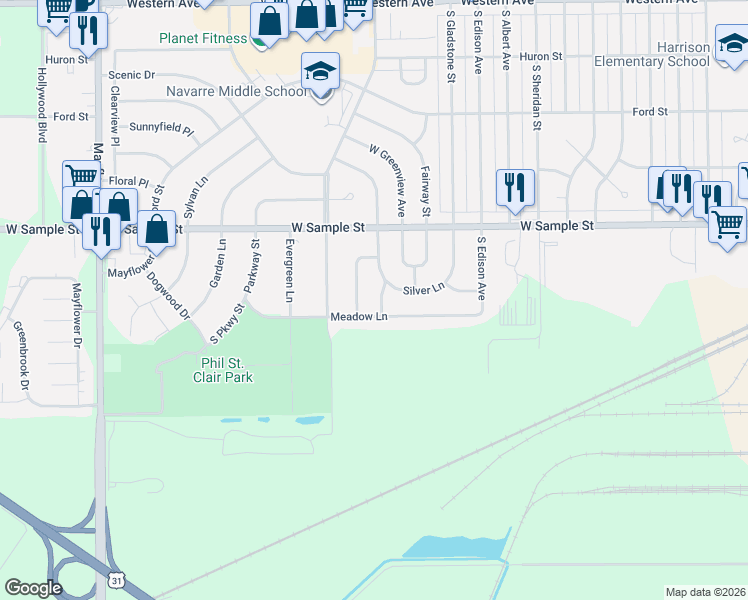 map of restaurants, bars, coffee shops, grocery stores, and more near 1001-1099 Birchwood Avenue in South Bend