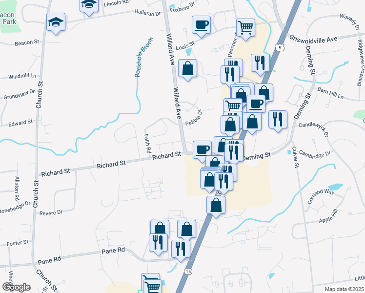 map of restaurants, bars, coffee shops, grocery stores, and more near 1721 Willard Avenue in Newington