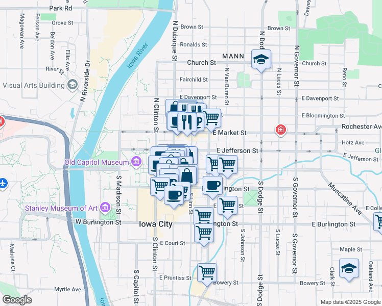 map of restaurants, bars, coffee shops, grocery stores, and more near 301 East Jefferson Street in Iowa City