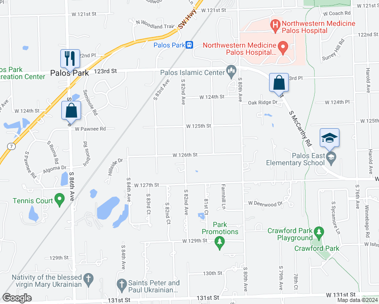 map of restaurants, bars, coffee shops, grocery stores, and more near 12523 South 82nd Avenue in Palos Park