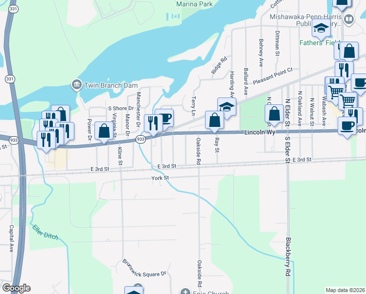 map of restaurants, bars, coffee shops, grocery stores, and more near 100-218 South Oakley Avenue in Mishawaka