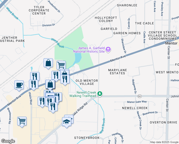 map of restaurants, bars, coffee shops, grocery stores, and more near 8028 Mentor Avenue in Mentor