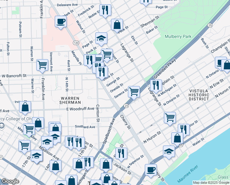 map of restaurants, bars, coffee shops, grocery stores, and more near 1212 Cherry Street in Toledo