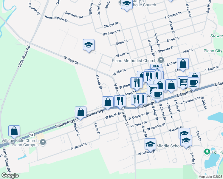 map of restaurants, bars, coffee shops, grocery stores, and more near 100 Kidder Street in Plano