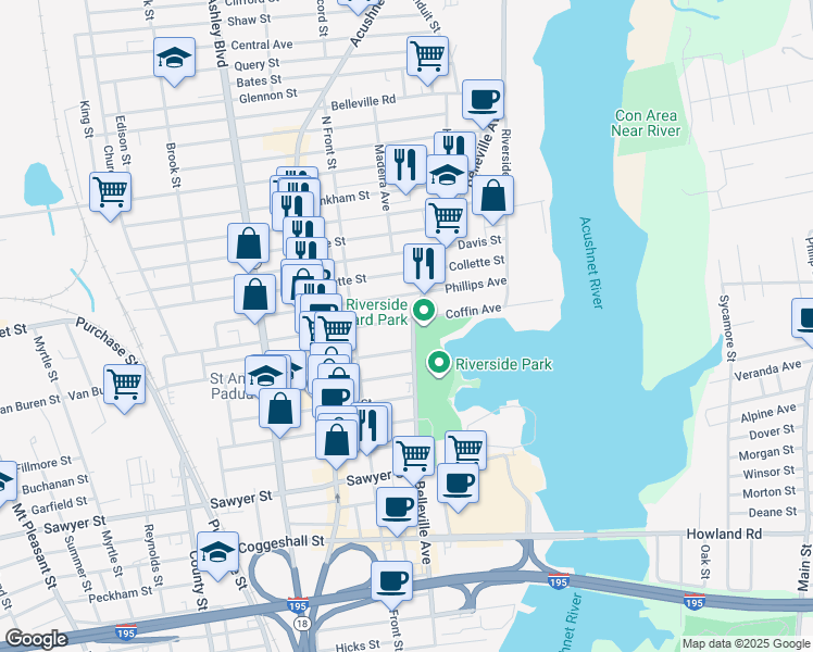 map of restaurants, bars, coffee shops, grocery stores, and more near in New Bedford