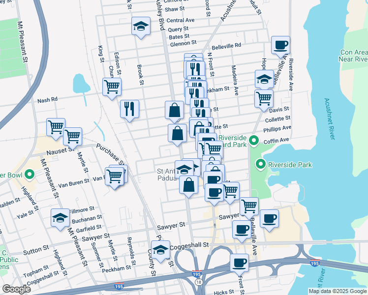 map of restaurants, bars, coffee shops, grocery stores, and more near 260 Phillips Avenue in New Bedford