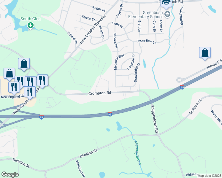 map of restaurants, bars, coffee shops, grocery stores, and more near 50 Drawbridge Drive in West Warwick