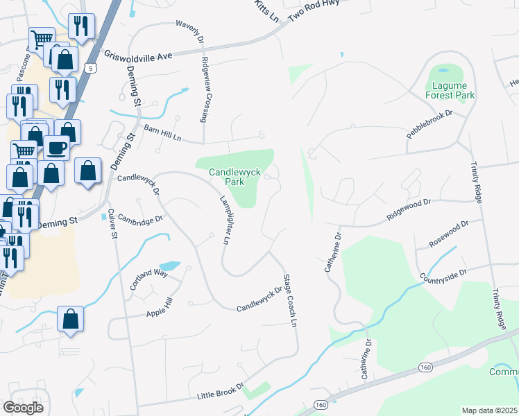 map of restaurants, bars, coffee shops, grocery stores, and more near 25 High Gate Road in Newington