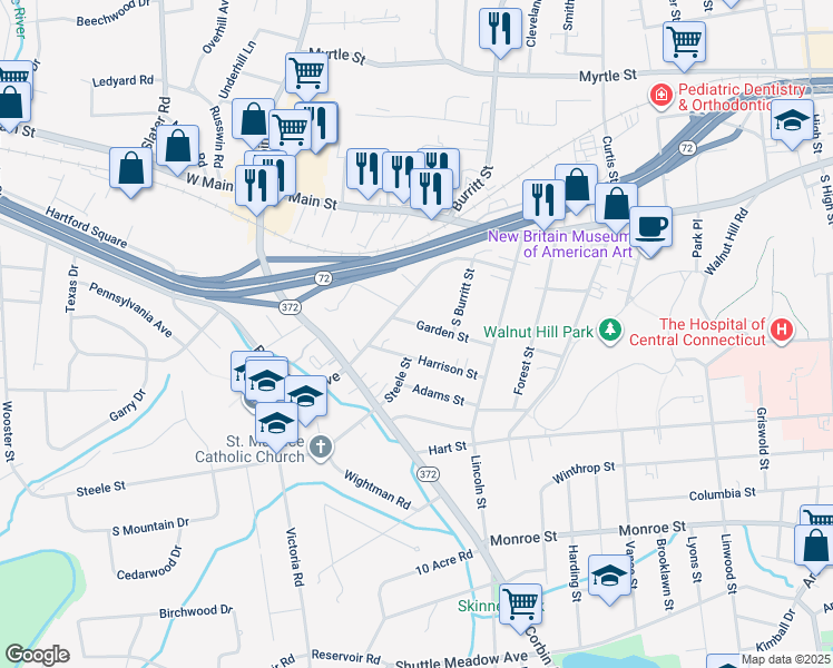 map of restaurants, bars, coffee shops, grocery stores, and more near 90 Garden Street in New Britain