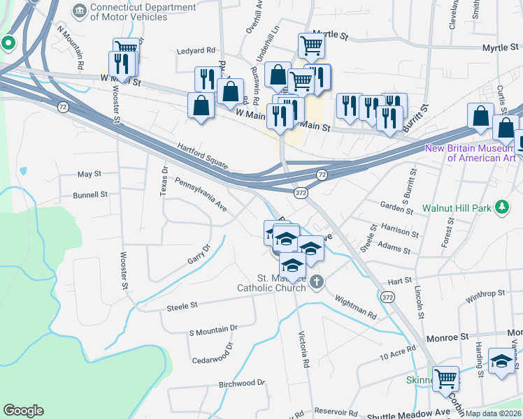 map of restaurants, bars, coffee shops, grocery stores, and more near 10 New Hampshire Drive in New Britain