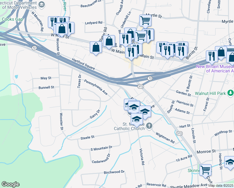 map of restaurants, bars, coffee shops, grocery stores, and more near 10 New Hampshire Drive in New Britain