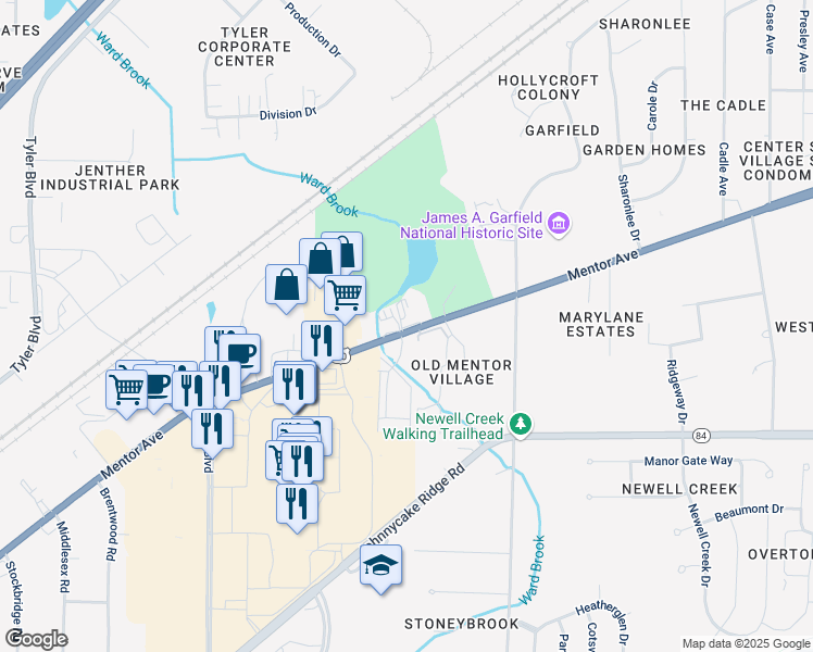 map of restaurants, bars, coffee shops, grocery stores, and more near 7945 Mentor Avenue in Mentor