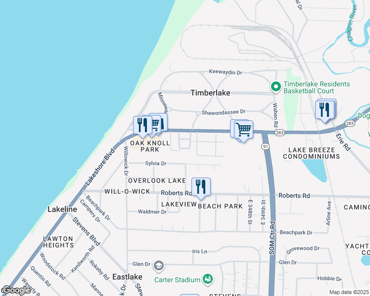 map of restaurants, bars, coffee shops, grocery stores, and more near 34800 Lakeshore Boulevard in Eastlake