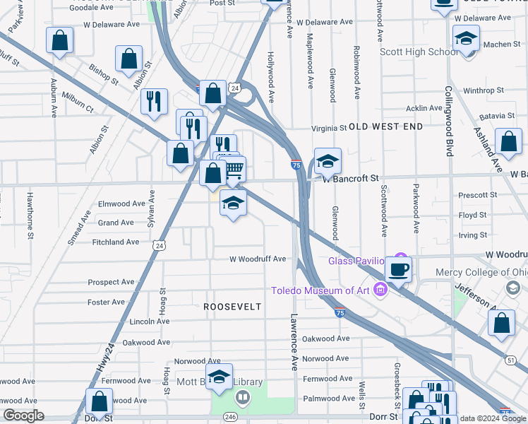 map of restaurants, bars, coffee shops, grocery stores, and more near 2749 Monroe Street in Toledo