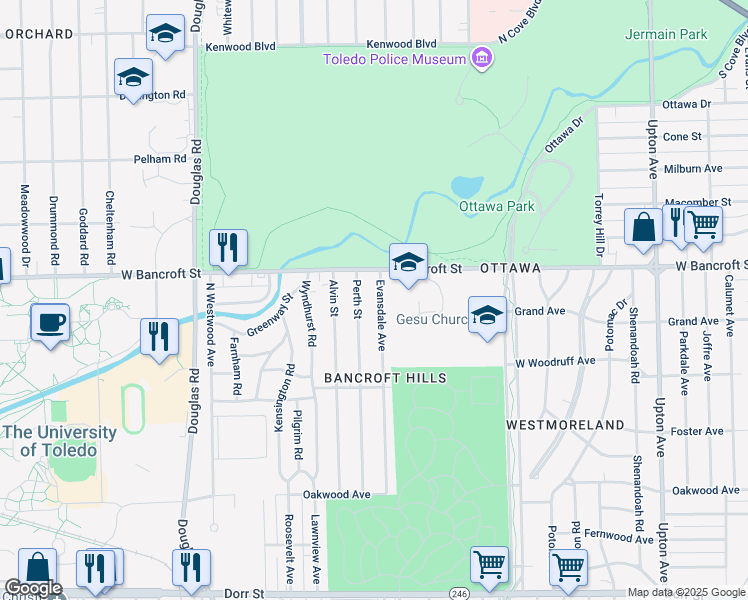 map of restaurants, bars, coffee shops, grocery stores, and more near 2140 Perth Street in Toledo