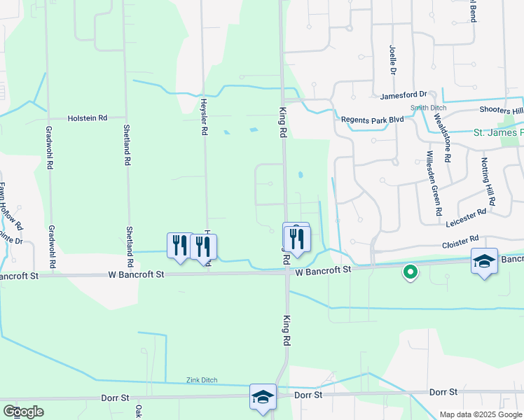 map of restaurants, bars, coffee shops, grocery stores, and more near 7543 Castle Ridge Road in Toledo