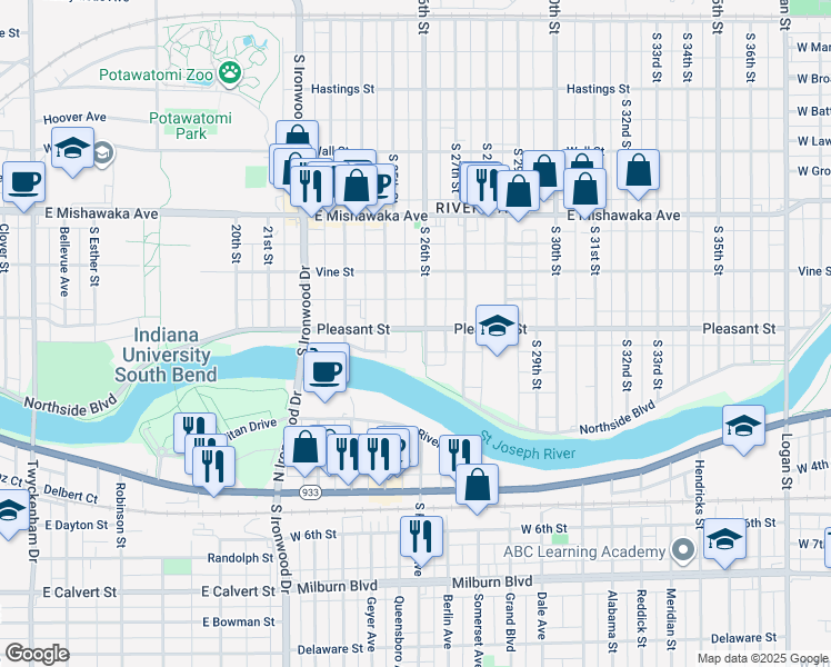 map of restaurants, bars, coffee shops, grocery stores, and more near 2551 Pleasant Street in South Bend