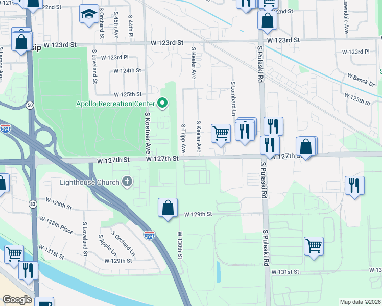map of restaurants, bars, coffee shops, grocery stores, and more near 12640 South Tripp Avenue in Chicago