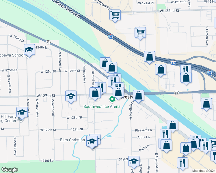 map of restaurants, bars, coffee shops, grocery stores, and more near 12625 South Alpine Drive in Alsip