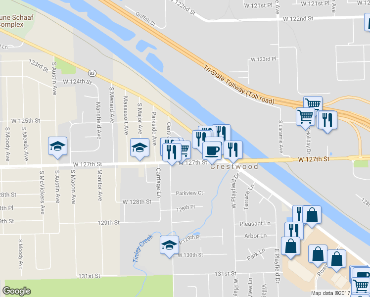 map of restaurants, bars, coffee shops, grocery stores, and more near 12615 Central Avenue in Alsip