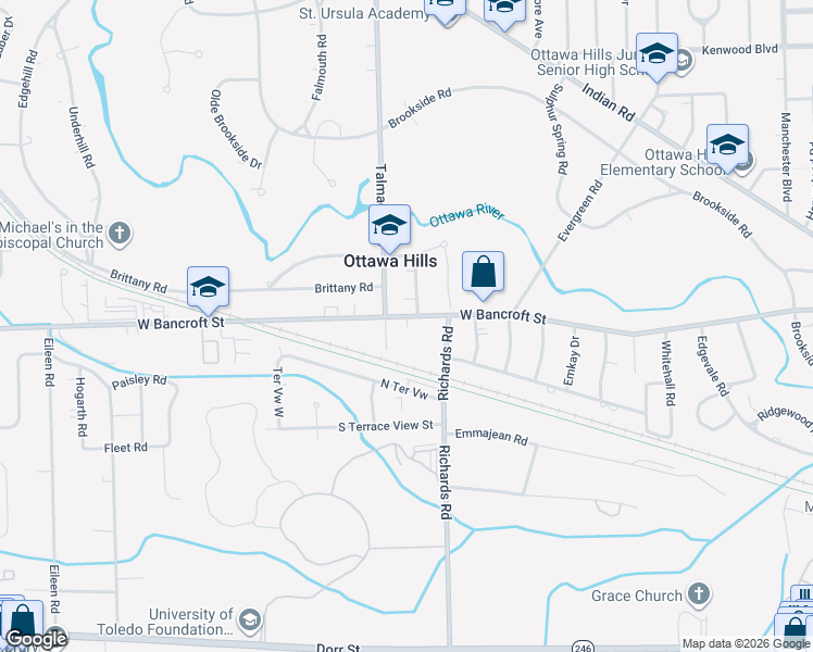 map of restaurants, bars, coffee shops, grocery stores, and more near 4243 West Bancroft Street in Toledo