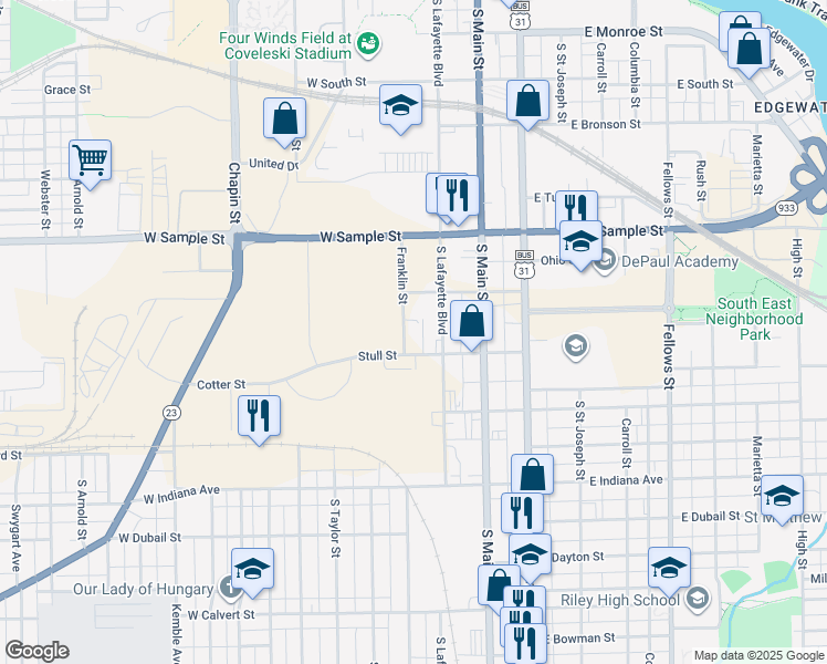 map of restaurants, bars, coffee shops, grocery stores, and more near 1140 Franklin Street in South Bend