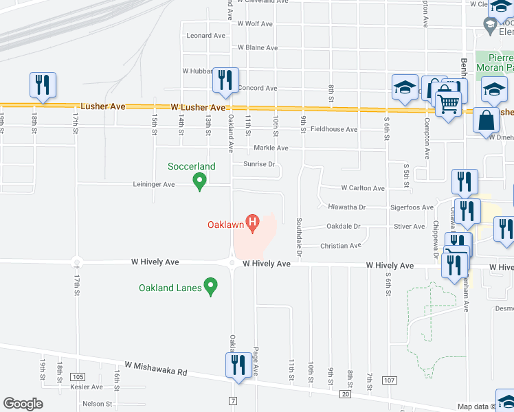 map of restaurants, bars, coffee shops, grocery stores, and more near 2518 Oakland Avenue in Elkhart