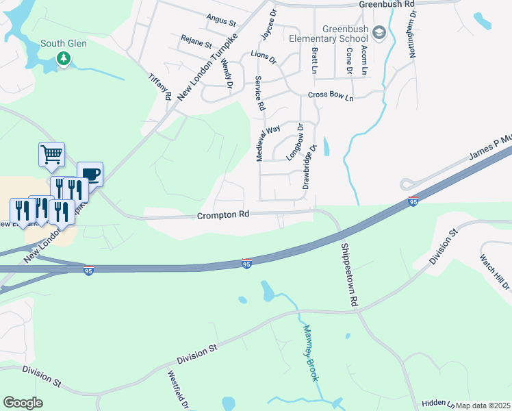 map of restaurants, bars, coffee shops, grocery stores, and more near 50 Drawbridge Drive in West Warwick