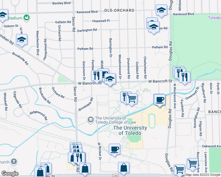 map of restaurants, bars, coffee shops, grocery stores, and more near 2801 West Bancroft Street in Toledo