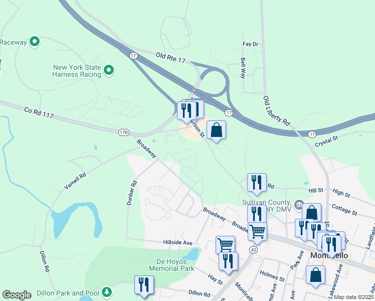 map of restaurants, bars, coffee shops, grocery stores, and more near 30 Pearl Street in Monticello
