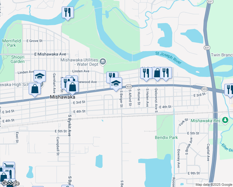 map of restaurants, bars, coffee shops, grocery stores, and more near 1600 East 3rd Street in Mishawaka