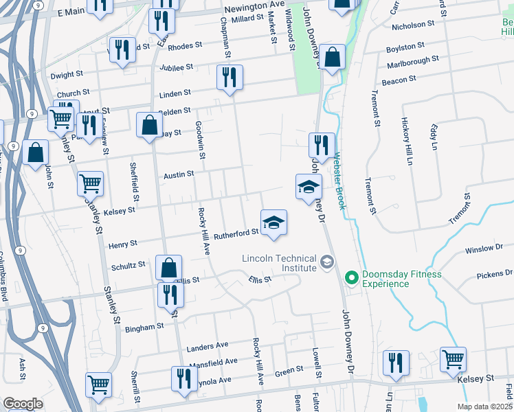 map of restaurants, bars, coffee shops, grocery stores, and more near 21 Jefferson Street in New Britain