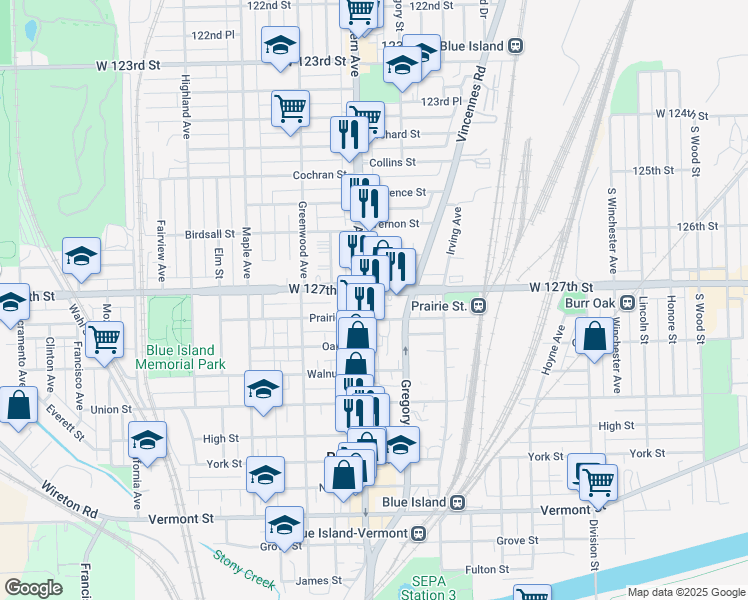 map of restaurants, bars, coffee shops, grocery stores, and more near 12709 South Western Avenue in Blue Island