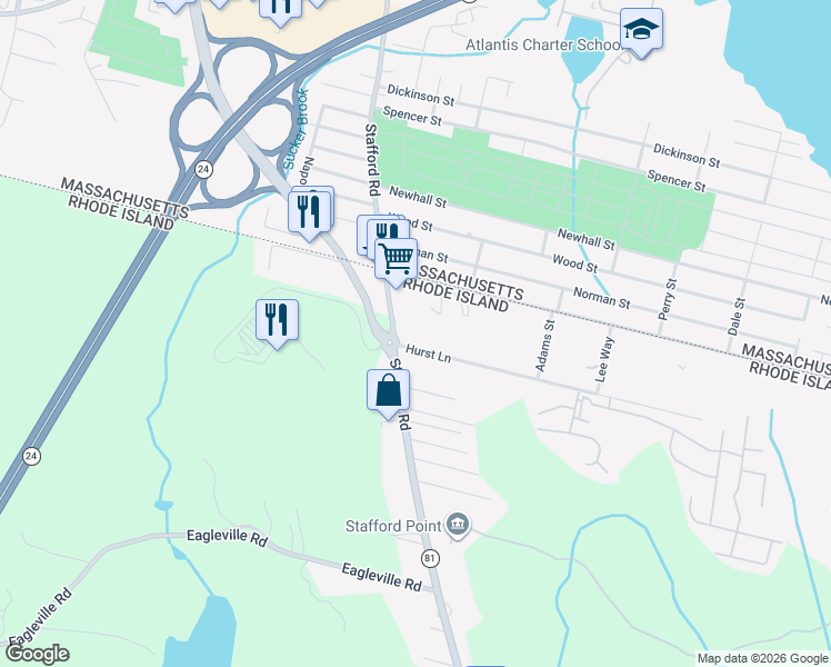 map of restaurants, bars, coffee shops, grocery stores, and more near 22 Hurst Lane in Tiverton