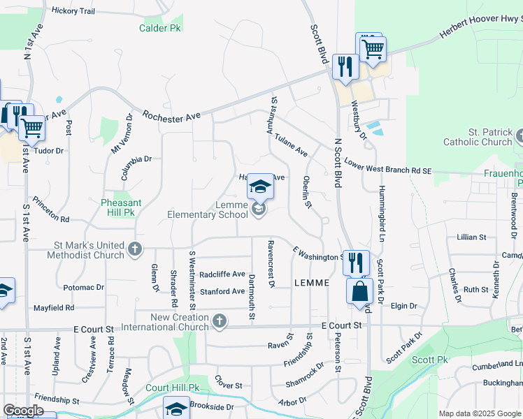 map of restaurants, bars, coffee shops, grocery stores, and more near 3100 East Washington Street in Iowa City
