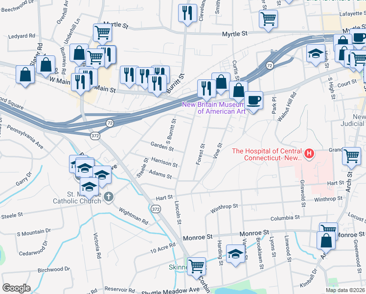 map of restaurants, bars, coffee shops, grocery stores, and more near 105 Lincoln Street in New Britain