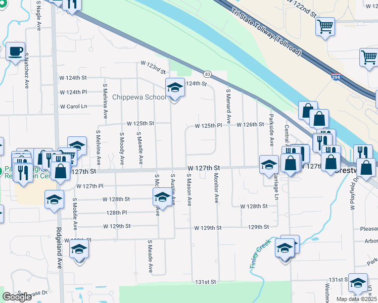 map of restaurants, bars, coffee shops, grocery stores, and more near 5930 West 126th Place in Chicago