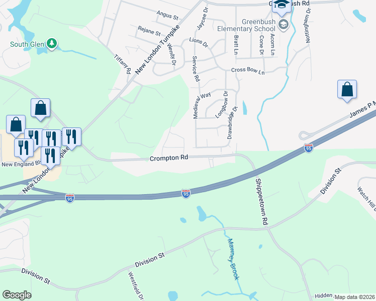 map of restaurants, bars, coffee shops, grocery stores, and more near 50 Drawbridge Drive in West Warwick