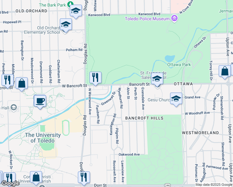 map of restaurants, bars, coffee shops, grocery stores, and more near 2547 Greenway Street in Toledo