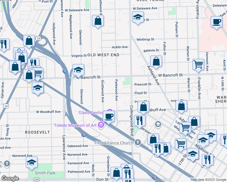 map of restaurants, bars, coffee shops, grocery stores, and more near 2107 Parkwood Avenue in Toledo